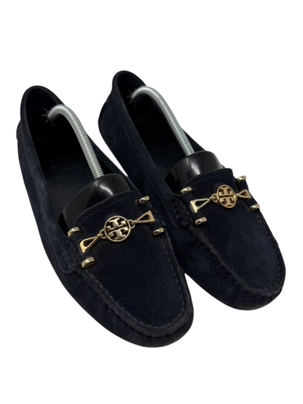 Tory Burch Blue Suede Loafers with Gold Logo Hardware